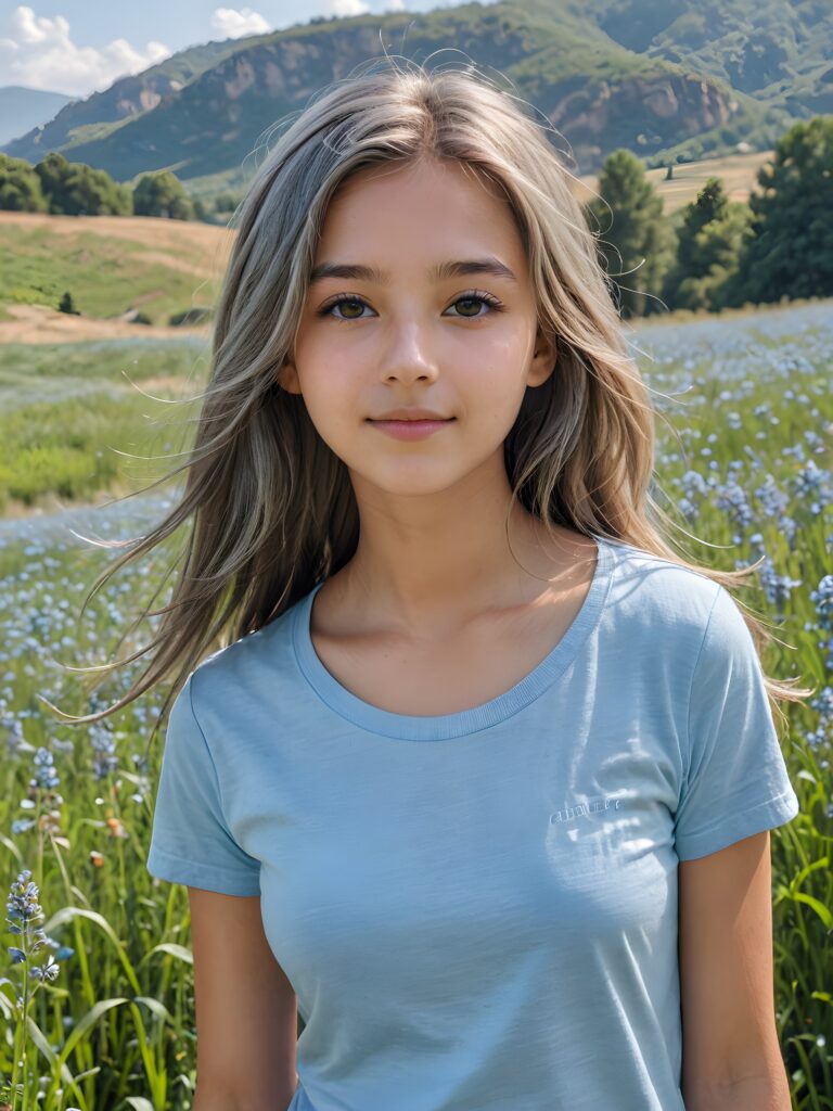 a (((breathtakingly realistic upper-body photo))) capturing a (((teenage girl))) wearing a (((light blue t-shirt))), with long, soft, ash-gray hair and a (serene meadow as the backdrop) ((view from the side))