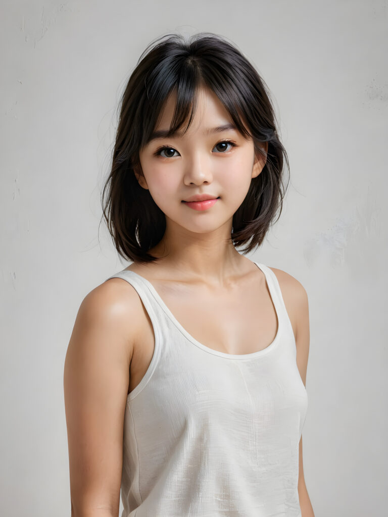 a (((breathtakingly realistic portrait))) capturing the essence of a cute youthful Korean teen girl, 15 years old, warm smile, with a flawlessly proportioned upper body, perfect curved fit body, straight, long, soft black hair in bangs cut, flawless, beautiful smooth skin, round angelic face with full kissable lips, wearing a thin and super sleek tank top, poised confidently against a (((white canvas background)))