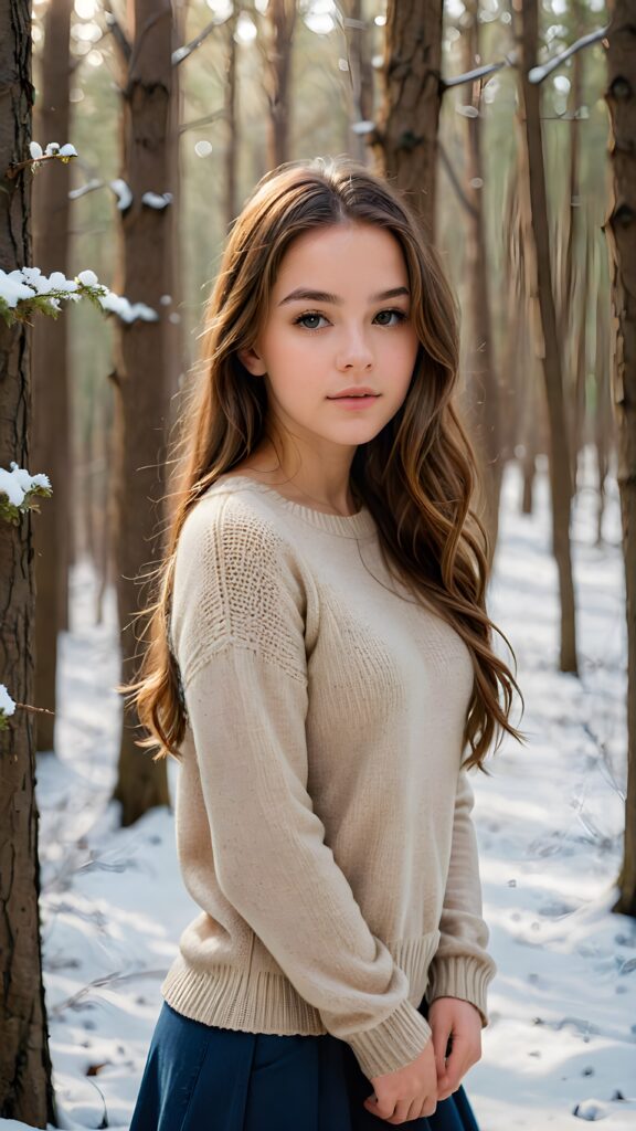 a (((breathtakingly realistic beautiful teenage girl))) dressed in thin wool sweater with flowing, brown sleek straight hair, standing in a (((winter forest))), her features and complexion mirroring the serene wonder of a softly falling winter scene, perfect formed fit body, perfect shadown and lights