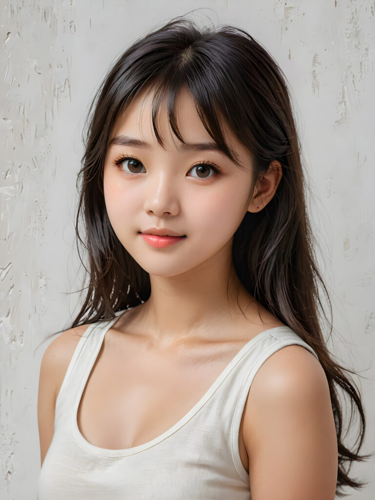 a (((breathtakingly realistic portrait))) capturing the essence of a cute youthful Korean teen girl, 15 years old, warm smile, with a flawlessly proportioned upper body, perfect curved fit body, straight, long, soft black hair in bangs cut, flawless, beautiful smooth skin, round angelic face with full kissable lips, wearing a thin and super sleek tank top, poised confidently against a (((white canvas background)))