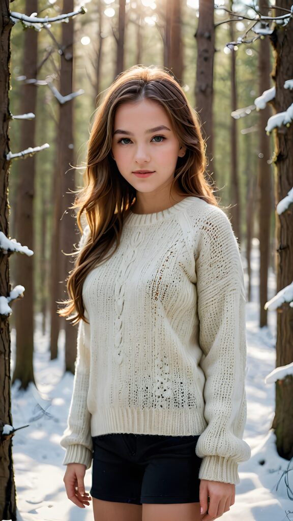 a (((breathtakingly realistic beautiful teenage girl))) dressed in thin wool sweater with flowing, brown sleek straight hair, standing in a (((winter forest))), her features and complexion mirroring the serene wonder of a softly falling winter scene, perfect formed fit body, perfect shadown and lights