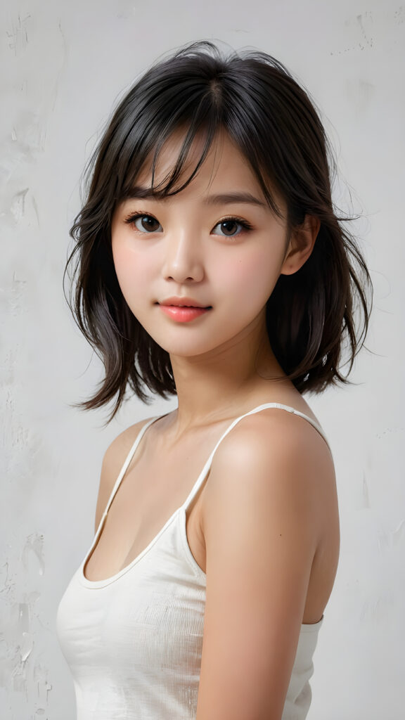 a (((breathtakingly realistic portrait))) capturing the essence of a cute youthful Korean teen girl, 15 years old, warm smile, with a flawlessly proportioned upper body, perfect curved fit body, straight, long, soft obsidian black hair in bangs cut, flawless, beautiful smooth skin, round angelic face with full kissable lips, wearing a thin and super sleek tank top, poised confidently against a (((white canvas background)))