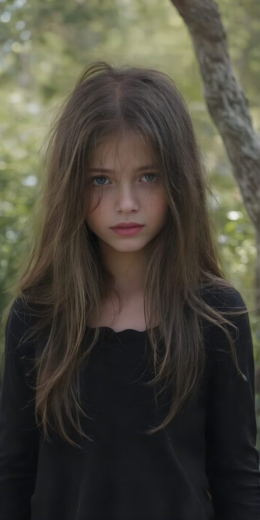 a breathtakingly beautiful, showcasing a young gothic girl, she is short, dark dressed, long straight hair, the girl exudes an air of playful imagination and creativity, perfectly capturing the essence of a dreamlike beauty, all against a sunny green backdrop in nature