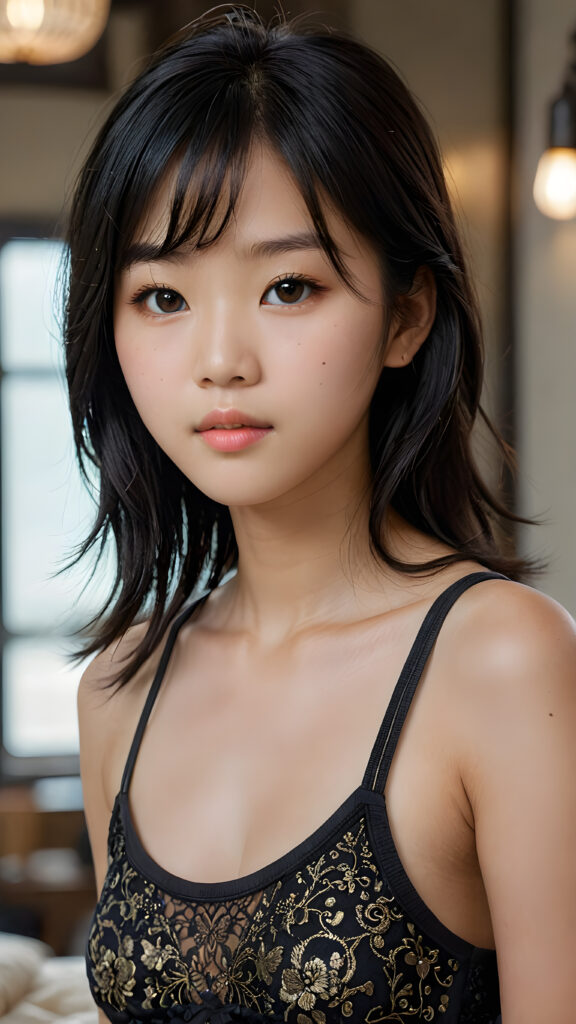 a breathtakingly realistic portrayal of a (((Asian Korean teenage girl))) with intricate details and exquisite features, her (((straight black soft hair))) is luxuriously detailed, reflecting soft, (dimmed light) around her (13-year-old face) with its (perfectly rounded contours) and (detailed, brown eyes), she wears a super short, tight (grey tank top) that showcases her (flawlessly proportioned upper body)