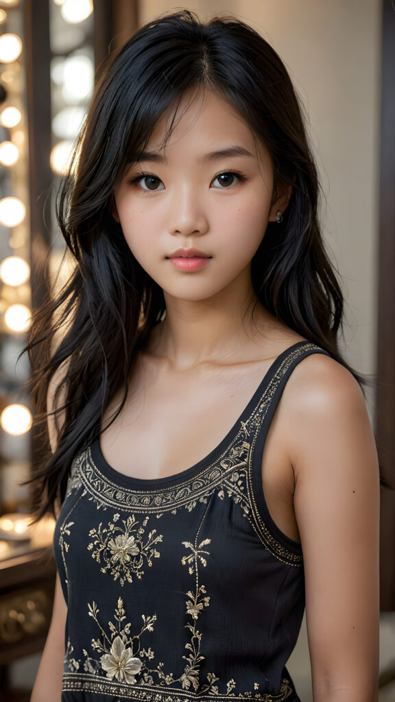 a breathtakingly realistic portrayal of a (((Asian Korean teenage girl))) with intricate details and exquisite features, her (((straight black soft hair))) is luxuriously detailed, reflecting soft, (dimmed light) around her (13-year-old face) with its (perfectly rounded contours) and (detailed, brown eyes), she wears a super short, tight (grey tank top) that showcases her (flawlessly proportioned upper body)