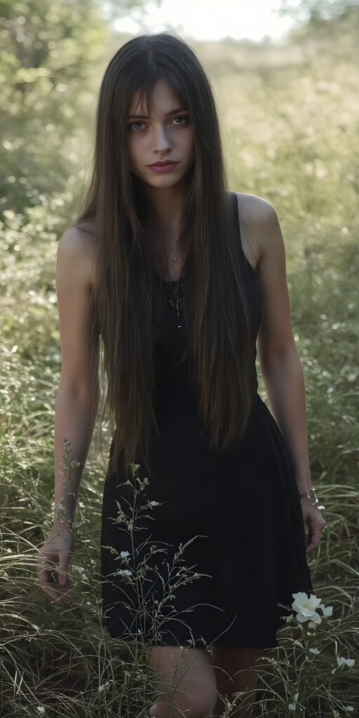 a breathtakingly beautiful (((full body portrait))), showcasing a young gothic woman, long straight hair, the woman exudes an air of playful imagination and creativity, perfectly capturing the essence of a dreamlike beauty. Full body view all against a sunny green backdrop in nature