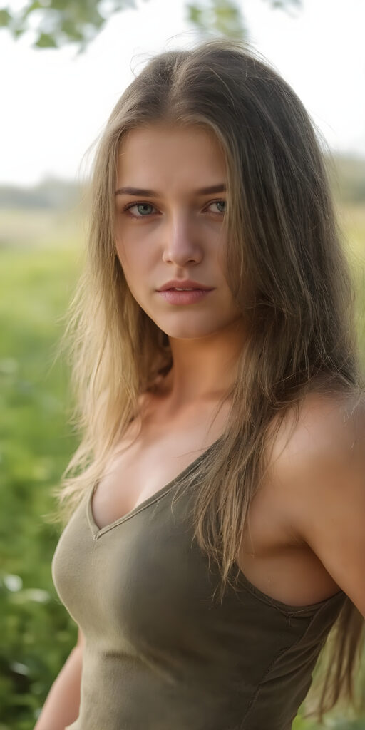 a breathtakingly beautiful (((portrait))), showcasing a young army girl, short sport tank top in camouflage, deep v-neck, perfect body, long straight hair, exudes an air of playful imagination and creativity, perfectly capturing the essence of a dreamlike beauty. Full body view all against a sunny green backdrop in nature