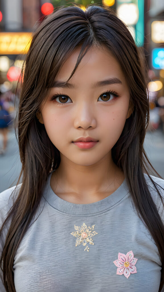 a breathtakingly realistic portrayal of a (((Asian teenage girl))) with intricate details and exquisite features. Her (((straight soft hair))) is luxuriously detailed, reflecting soft, (dimmed light) around her (13-year-old face) with its (perfectly rounded contours) and (detailed, brown eyes) that sparkle with warmth. She wears a super short, tight (grey t-shirt) that showcases her (flawlessly proportioned upper body), capturing the essence of youthful beauty and realism