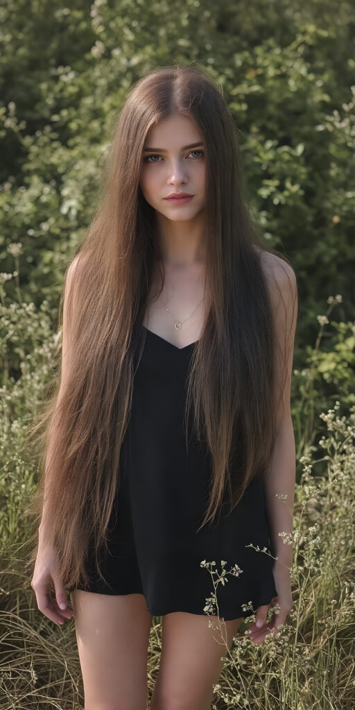 a breathtakingly beautiful (((full body portrait))), showcasing a young gothic woman, long straight hair, the woman exudes an air of playful imagination and creativity, perfectly capturing the essence of a dreamlike beauty. Full body view all against a sunny green backdrop in nature