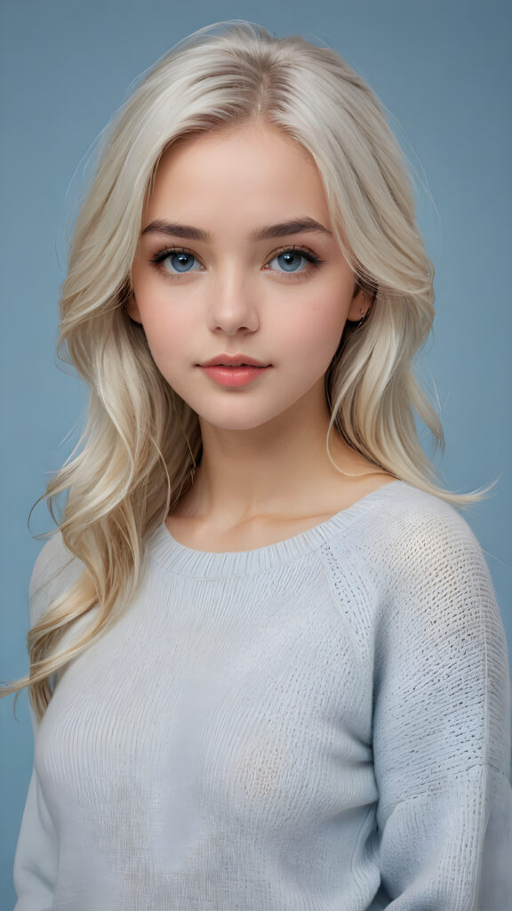 a breathtakingly realistic (((portrait))), capturing the essence of a youthful teen girl with a flawlessly proportioned upper body, perfect curved fit body, long, straight, soft and sleek white hair, round angelic face with full kissable lips, wears a thin and super sleek crop wool sweater, light blue eyes, posed confidently before the viewer, ((a white canvas as a background))