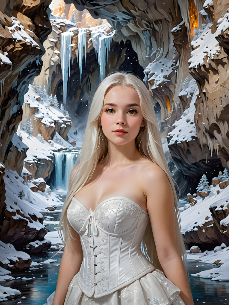 a breathtakingly beautiful ((( portrait))), capturing a youthful, busty teen girl with striking (((straight white long hair))), and a dazzling white corset, framed against a backdrop of a grand, (((snowy magical cave))), with an ethereal glow