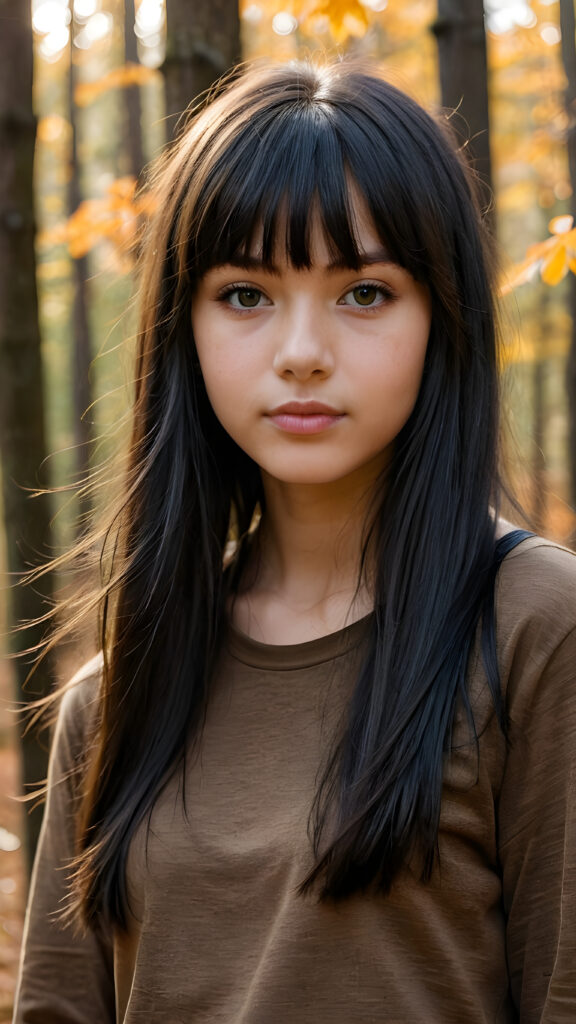 a breathtakingly beautiful natural (((15-year-old girl))) with warm amber eyes and luxuriously thick (((obsidian black long smooth straight hair, bangs))), full lips, ((wears a light brown form-fitting plain t-shirt that support her perfect body, stands in an autumnal forest))