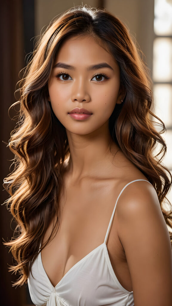 a breathtakingly (((realistic portrait))), capturing the essence of youthful beauty, featuring a (((Filipino girl))) who exudes (((serene elegance))), with flowing (((hair))), and a (((flawlessly detailed angelic face))), where her (((soft, realistic hazelnut eyes)) ) gaze sadly towards the viewer, wear a crop short tank top with deep v-neck, perfect pose, full body view