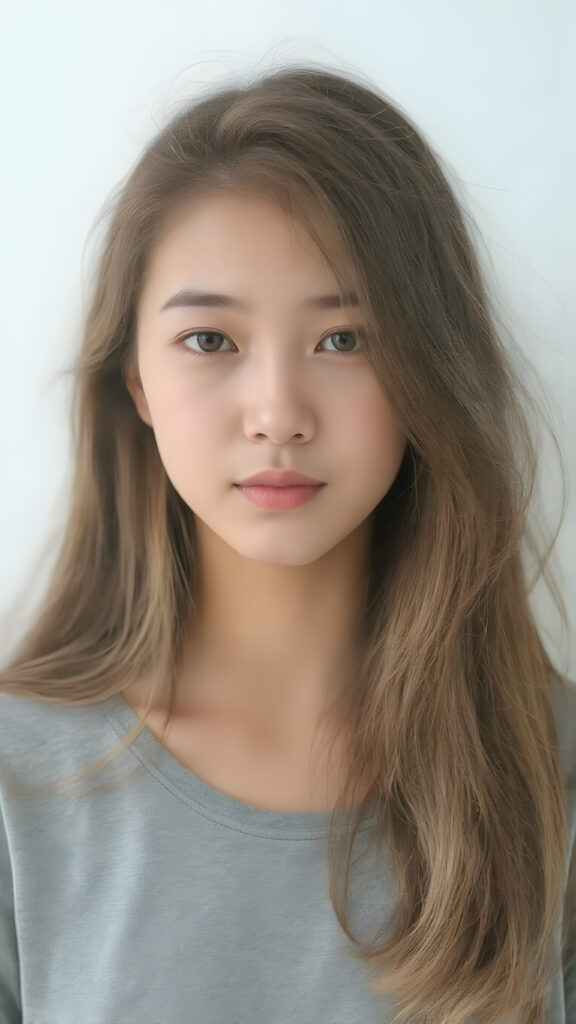 a breathtakingly beautiful (((full body portrait))), showcasing a young Asian girl with luxuriously long, flowing shiny hair, framing her face as she gazes into the camera, their ethereal tips creating a whimsical pop of color contrast to her overall look. She's dressed in a (((grey t-shirt))), which add a hint of warmth and glamour to her ensemble, the lady exudes an air of playful imagination and creativity, perfectly capturing the essence of a dreamlike beauty. Full body view.