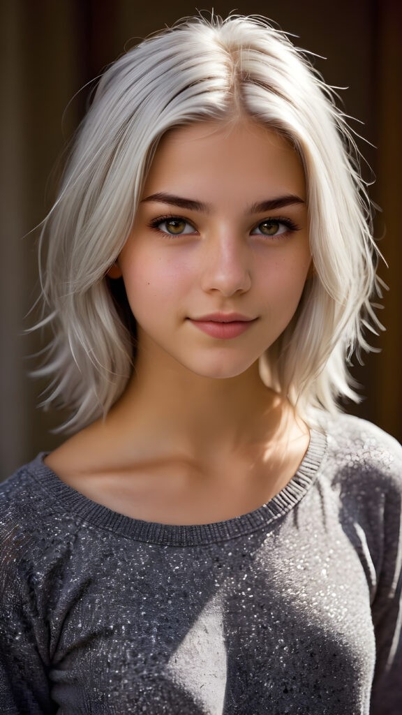 a breathtakingly realistic upper body portrait of a (((teenage girl))) with intricate platinum-white hair and striking, realistically detailed brown eyes, gazing confidently at the camera with a warm smile, her flawlessly proportioned figure on full display in a super short, sleek grey top that accentuates every curve