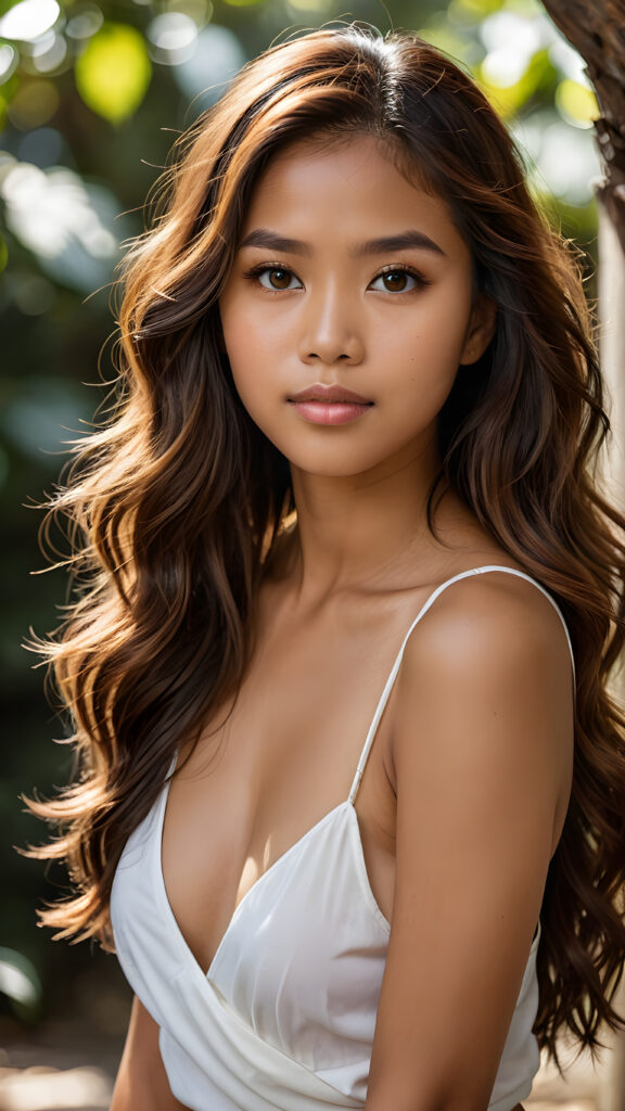 a breathtakingly (((realistic portrait))), capturing the essence of youthful beauty, featuring a (((Filipino girl))) who exudes (((serene elegance))), with flowing (((hair))), and a (((flawlessly detailed angelic face))), where her (((soft, realistic hazelnut eyes)) ) gaze sadly towards the viewer, wear a crop short tank top with deep v-neck, perfect pose, full body view