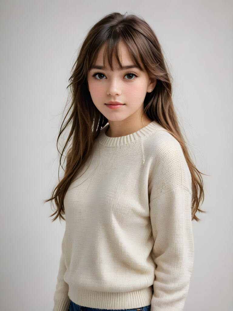 a breathtakingly realistic (((portrait))), capturing the essence of a youthful teen girl with a flawlessly proportioned upper body, long, straight soft hair, bangs cut, aged 15, wears a thin wool sweater, posed confidently before the viewer, ((a white canvas as a background)), ((side view))