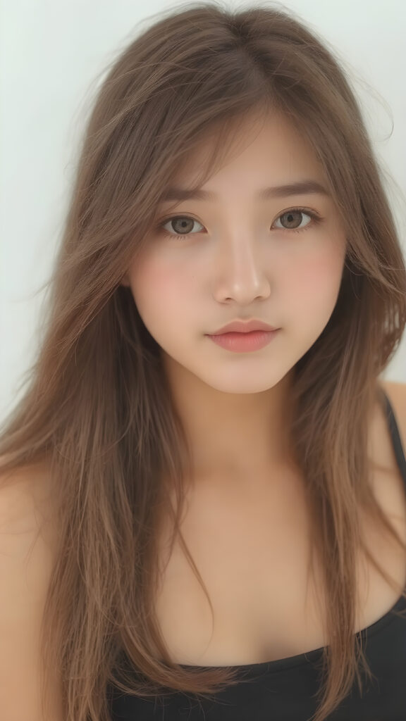 a breathtakingly realistic and detailed portrait of a cute (((well busty Vietnamese teenage girl))) with (((long silky smooth straight soft hair, reaches down to her waist))), (round face and kissable lips) with its (perfectly rounded contours) and (detailed, eyes), she wears a (super short tight crop tank top) that showcases her (flawlessly proportioned upper body), (natural backdrop) ((side view))