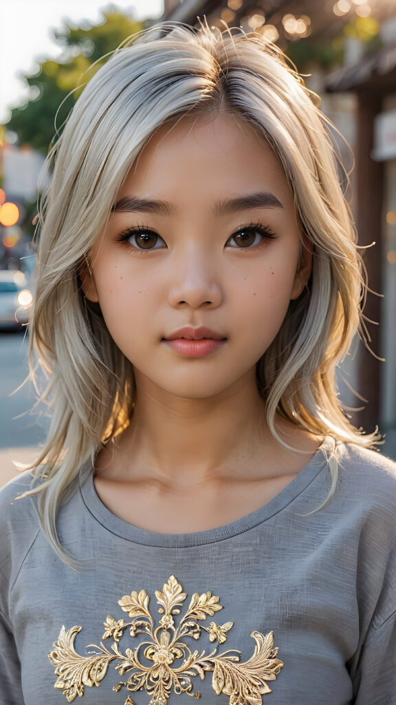 a breathtakingly realistic portrayal of a (((Asian teenage girl))) with intricate details and exquisite features. Her (((straight platinum hair))) is luxuriously detailed, reflecting soft, (golden light) around her (13-year-old face) with its (perfectly rounded contours) and (detailed, brown eyes) that sparkle with warmth. She wears a super short, tight (grey shirt) that showcases her (flawlessly proportioned upper body), capturing the essence of youthful beauty and realism