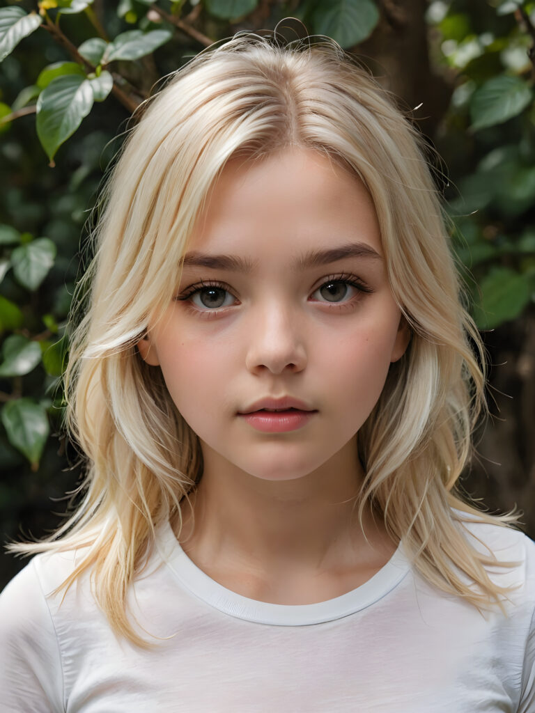 a breathtakingly detailed and hyperrealistic (((professional photograph))), portraying an intensely sorrowful expression on the face of a young girl with luxuriantly flowing, untamed, straight, silky white blonde hair cascading down her shoulders, despite its perfect length and texture suggesting advanced age, paired with a minimalist ((white short sleeve T-shirt))