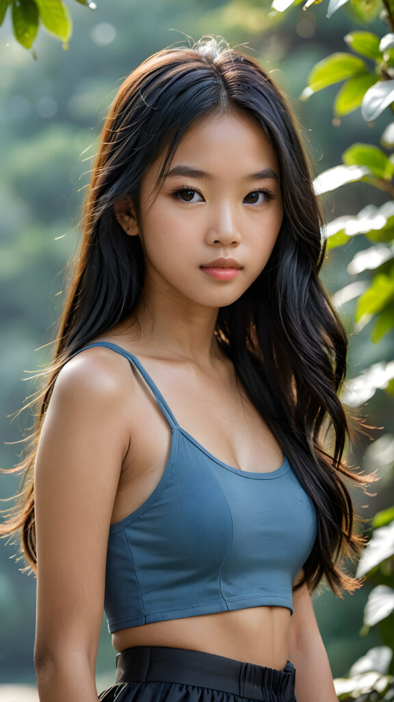 a breathtakingly realistic and detailed portrayal of a cute (((Vietnamese teenage girl))), flawlessly smooth skin, with intricate details and exquisite features, her (((long silky smooth straight black soft hair, her hair reaches down to her waist))) is luxuriously detailed, reflecting soft dimmed light, around her (round face and kissable lips) with its (perfectly rounded contours) and (detailed, amber eyes), she wears a (super short tight crop tank top) that showcases her (flawlessly proportioned upper body), (natural backdrop) ((side view))