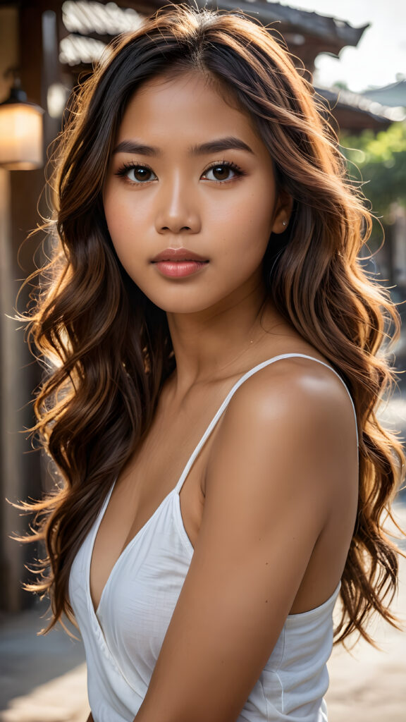 a breathtakingly (((realistic portrait))), capturing the essence of youthful beauty, featuring a (((Filipino girl))) who exudes (((serene elegance))), with flowing (((hair))), and a (((flawlessly detailed angelic face))), where her (((soft, realistic hazelnut eyes)) ) gaze sadly towards the viewer, wear a crop short tank top with deep v-neck, perfect pose, full body view