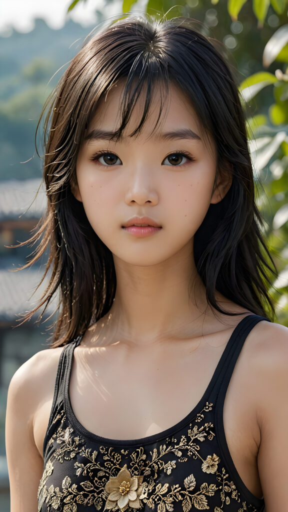 a breathtakingly realistic portrayal of a (((Asian Korean teenage girl))) with intricate details and exquisite features, her (((straight black soft hair))) is luxuriously detailed, reflecting soft, (dimmed light) around her (13-year-old face) with its (perfectly rounded contours) and (detailed, brown eyes), she wears a super short, tight (grey tank top) that showcases her (flawlessly proportioned upper body)