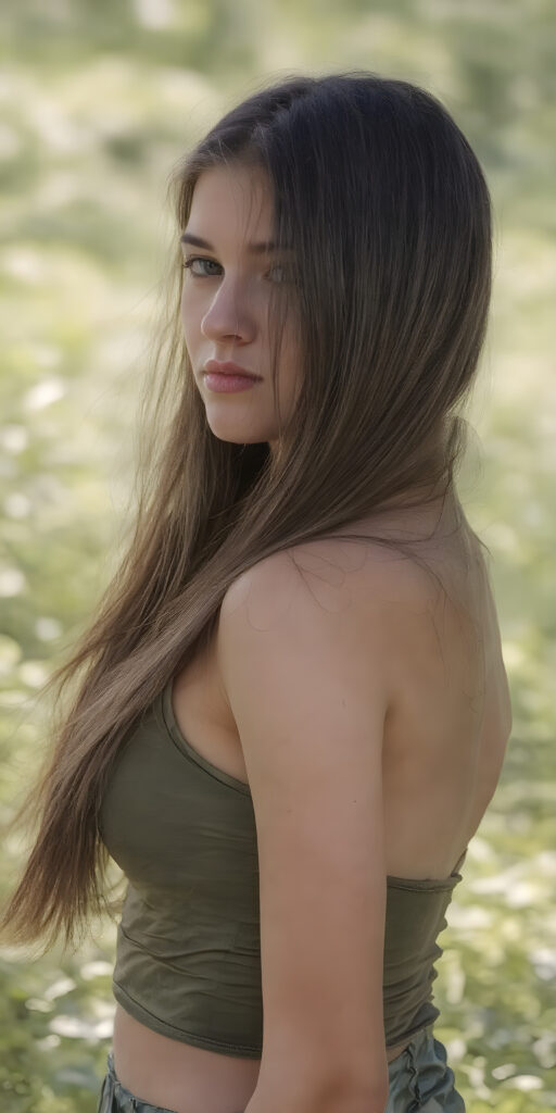 a breathtakingly beautiful (((portrait))), showcasing a young army girl, short sport tank top in camouflage, deep v-neck, perfect body, long straight jet soft hair, upper body, sideways to the viewer, all against a sunny green backdrop in nature, stunning, gorgeous