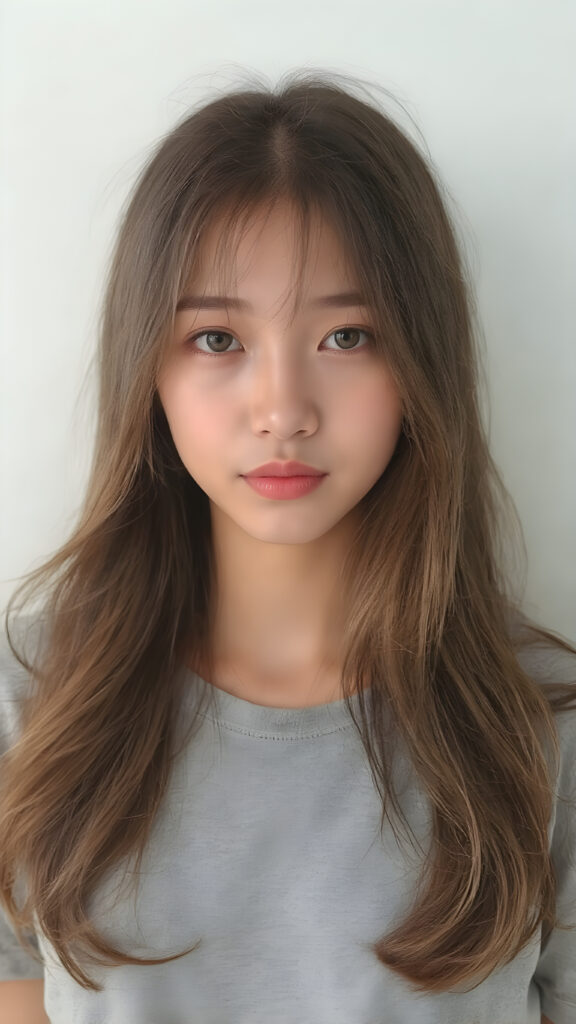 a breathtakingly beautiful (((full body portrait))), showcasing a young Asian girl with luxuriously long, flowing shiny hair, framing her face as she gazes into the camera, their ethereal tips creating a whimsical pop of color contrast to her overall look. She's dressed in a (((grey t-shirt))), which add a hint of warmth and glamour to her ensemble, the lady exudes an air of playful imagination and creativity, perfectly capturing the essence of a dreamlike beauty. Full body view.