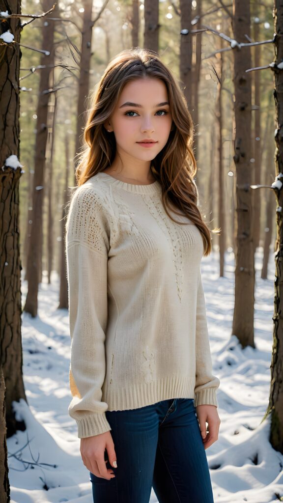 a (((breathtakingly realistic beautiful teenage girl))) dressed in thin wool sweater with flowing, brown sleek straight hair, standing in a (((winter forest))), her features and complexion mirroring the serene wonder of a softly falling winter scene, perfect formed fit body, perfect shadown and lights