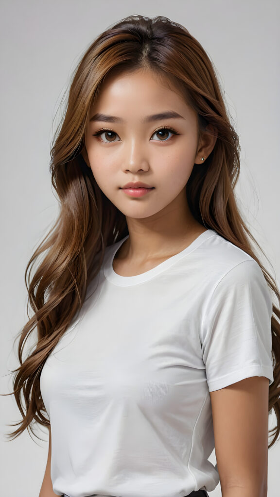 a breathtakingly (((realistic portrait))), capturing the essence of youthful beauty, featuring a (((Burmese teen girl))) who exudes (((serene elegance))), with long, flowing (((straight hazelnut hair))), and a (((flawlessly detailed angelic face))), where her (((soft, realistic hazelnut eyes)) ) gaze sadly towards the viewer from a (side perspective). She is clad in a (super short, sharply tailored (((white T-shirt))), cut from thin silk), with flawless anatomical proportions that draw the eye, against a (subtle, uncluttered backdrop of white). The overall atmosphere evokes a (cinematic sophistication) that exudes timeless appeal