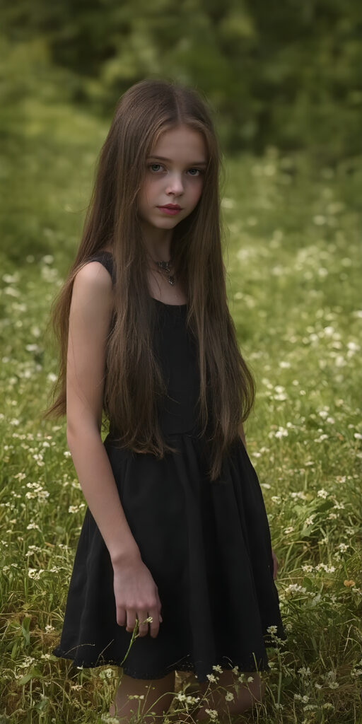 a breathtakingly beautiful, showcasing a young gothic girl, she is short, dark dressed, long straight hair, the girl exudes an air of playful imagination and creativity, perfectly capturing the essence of a dreamlike beauty, ((full body view)) all against a sunny green backdrop in nature