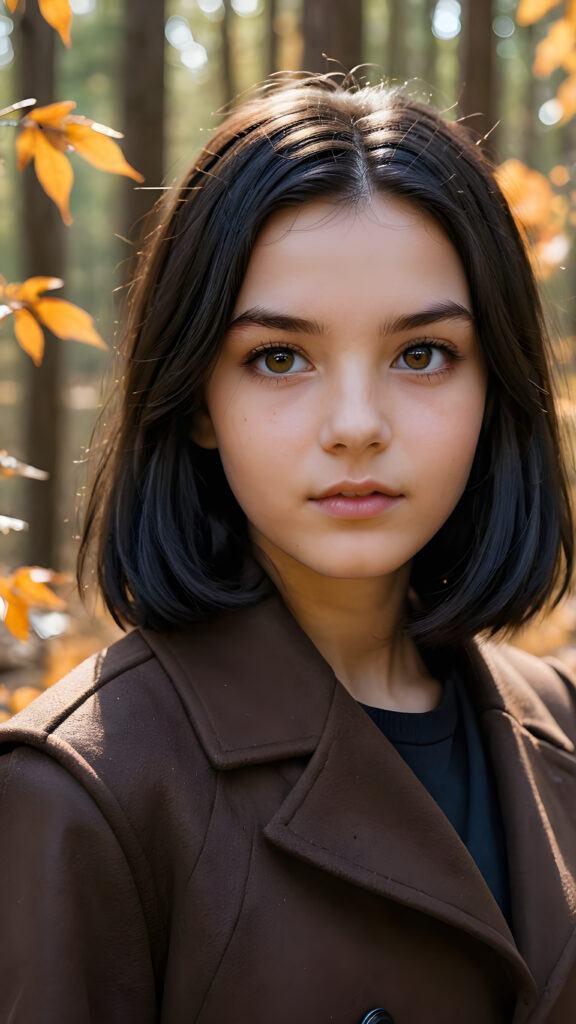 a breathtakingly beautiful natural (((16-year-old girl))) with warm amber eyes and luxuriously thick (((obsidian black soft hair, shoulder-length hair, with a bob))), full lips, ((wears a brown winter coat and stands in an autumnal forest))