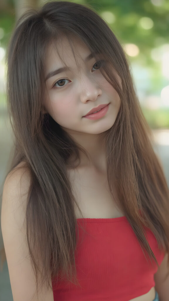 a breathtakingly realistic and detailed portrait of a cute (((well busty Vietnamese teenage girl))) with (((long silky smooth straight soft hair, reaches down to her waist))), (round face and kissable lips) with its (perfectly rounded contours) and (detailed, eyes), she wears a (super short tight crop tank top) that showcases her (flawlessly proportioned upper body), (natural backdrop) ((side view))