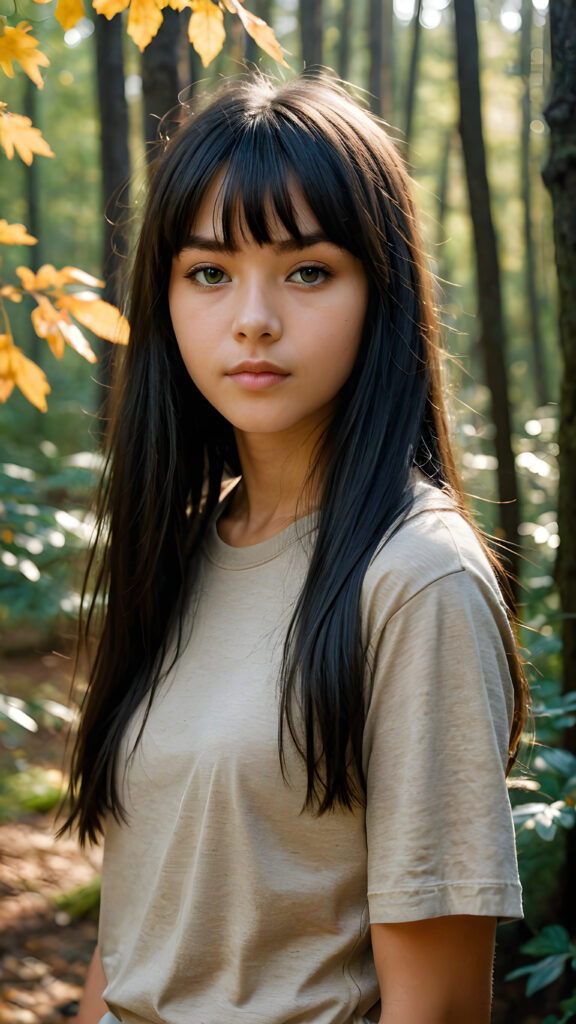 a breathtakingly beautiful natural (((15-year-old girl))) with warm amber eyes and luxuriously thick (((obsidian black long smooth straight hair, bangs))), full lips, ((wears a light brown form-fitting plain t-shirt that support her perfect body, stands in an autumnal forest))