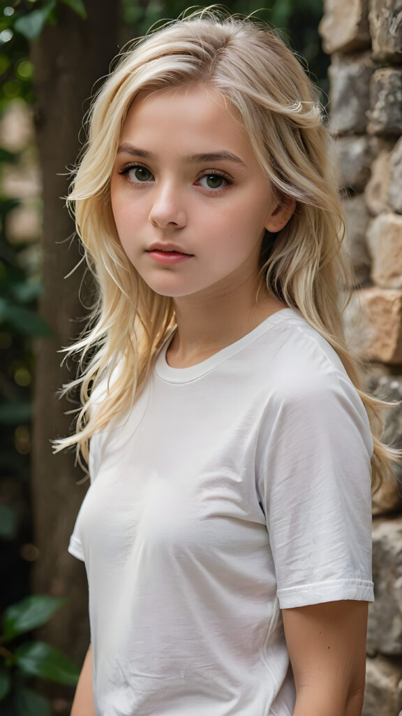 a breathtakingly detailed and hyperrealistic (((professional photograph))), portraying an intensely sorrowful expression on the face of a young girl with luxuriantly flowing, untamed, straight, silky white blonde hair cascading down her shoulders, despite its perfect length and texture suggesting advanced age, paired with a minimalist ((white short sleeve T-shirt))