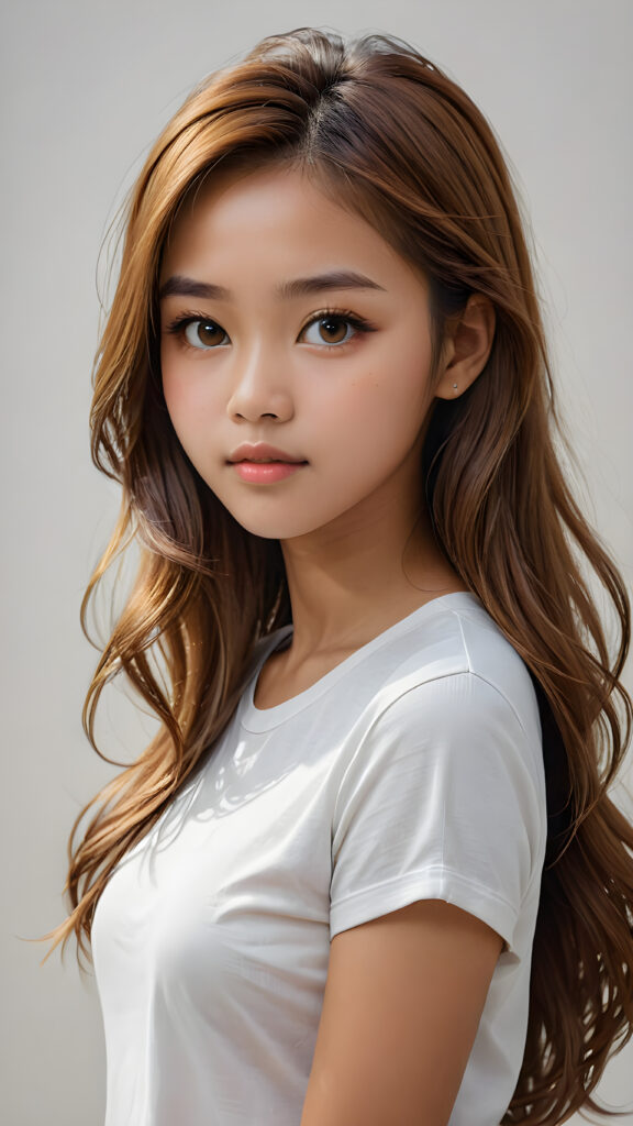 a breathtakingly (((realistic portrait))), capturing the essence of youthful beauty, featuring a (((Burmese teen girl))) who exudes (((serene elegance))), with long, flowing (((straight hazelnut hair))), and a (((flawlessly detailed angelic face))), where her (((soft, realistic hazelnut eyes)) ) gaze sadly towards the viewer from a (side perspective). She is clad in a (super short, sharply tailored (((white T-shirt))), cut from thin silk), with flawless anatomical proportions that draw the eye, against a (subtle, uncluttered backdrop of white). The overall atmosphere evokes a (cinematic sophistication) that exudes timeless appeal