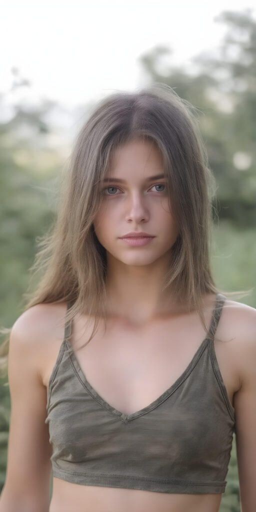 a breathtakingly beautiful (((portrait))), showcasing a young army girl, short sport tank top in camouflage, deep v-neck, perfect body, long straight hair, exudes an air of playful imagination and creativity, perfectly capturing the essence of a dreamlike beauty. Full body view all against a sunny green backdrop in nature