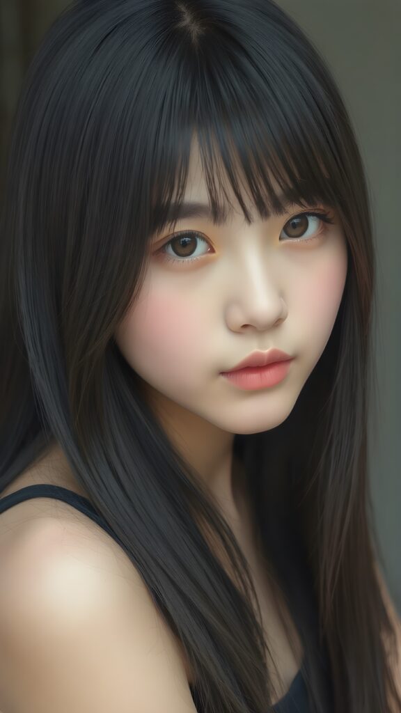 a breathtakingly realistic and detailed portrayal of a cute (((Vietnamese teenage girl))), flawlessly smooth skin, with intricate details and exquisite features, her (((long silky smooth straight black soft hair, her hair reaches down to her waist))) is luxuriously detailed, reflecting soft dimmed light, around her (round face and kissable lips) with its (perfectly rounded contours) and (detailed, amber eyes), she wears a (super short tight crop tank top) that showcases her (flawlessly proportioned upper body), (natural backdrop) ((side view))