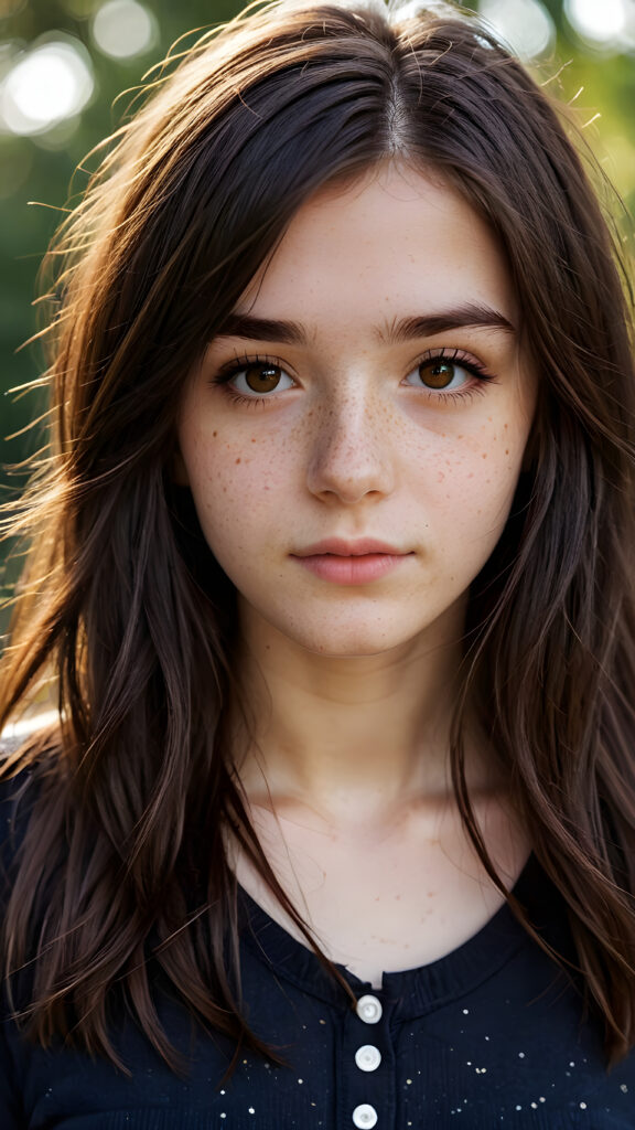 a breathtakingly beautiful (((14-year-old emo girl))) with warm amber eyes and luxuriously thick (((dark brown soft hair))), which subtly shift towards a deep navy at the tips, framing a face and a serenely fair complexion ((freckles))