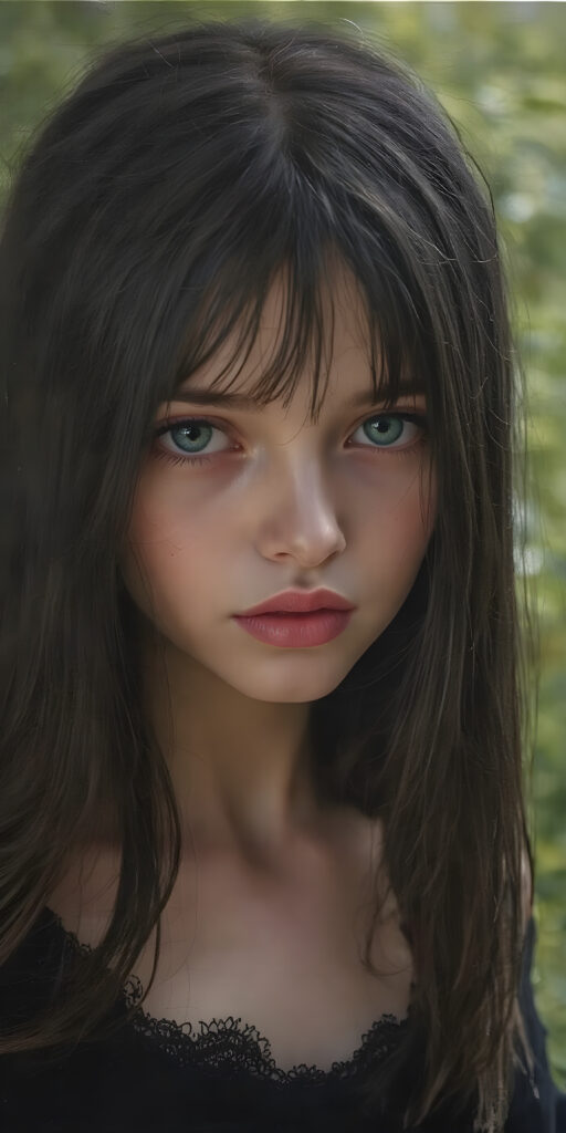 a breathtakingly beautiful, showcasing a young gothic girl, she is short, dark dressed, long straight hair, the girl exudes an air of playful imagination and creativity, perfectly capturing the essence of a dreamlike beauty, all against a sunny green backdrop in nature