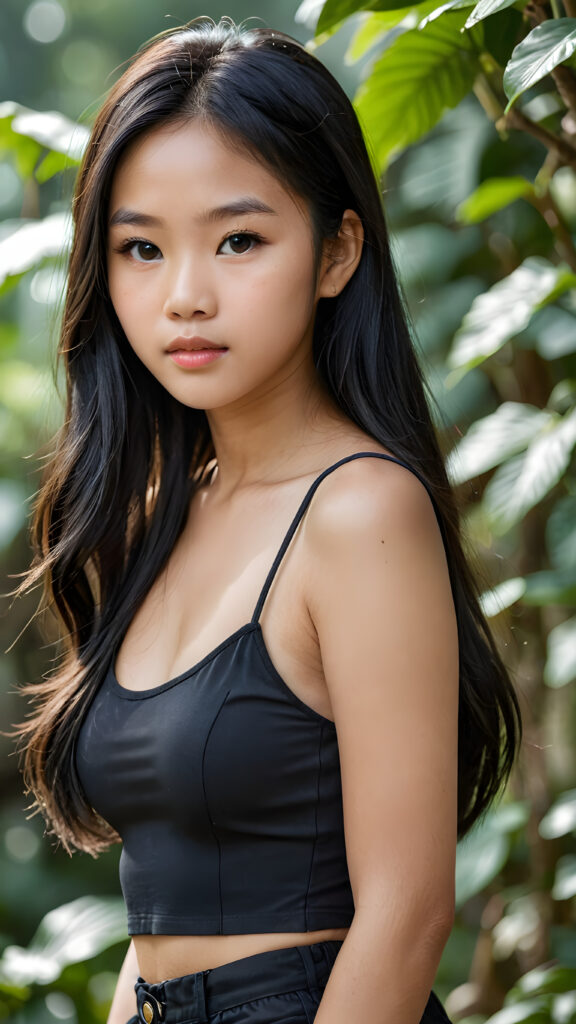 a breathtakingly realistic and detailed portrayal of a cute (((Vietnamese teenage girl))), flawlessly smooth skin, with intricate details and exquisite features, her (((long silky smooth straight black soft hair, her hair reaches down to her waist))) is luxuriously detailed, reflecting soft dimmed light, around her (round face and kissable lips) with its (perfectly rounded contours) and (detailed, amber eyes), she wears a (super short tight crop tank top) that showcases her (flawlessly proportioned upper body), (natural backdrop) ((side view))