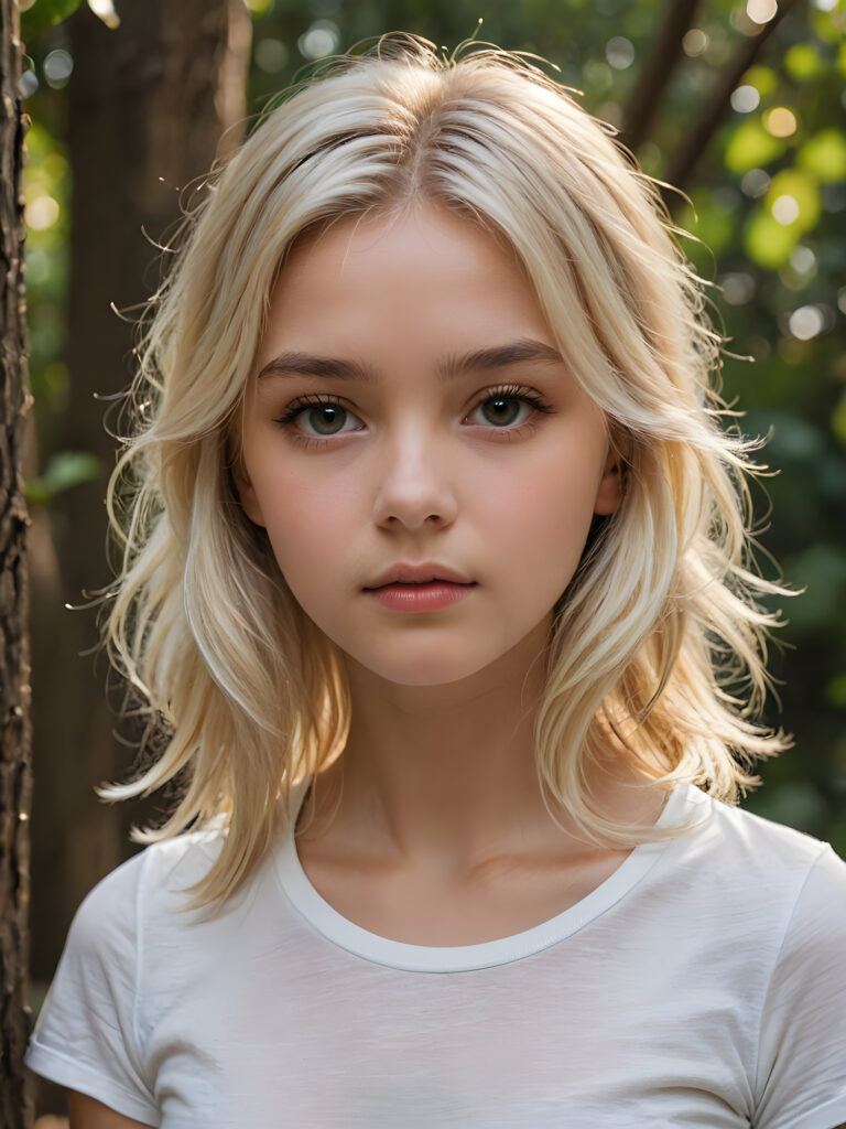 a breathtakingly detailed and hyperrealistic (((professional photograph))), portraying an intensely sorrowful expression on the face of a young girl with luxuriantly flowing, untamed, straight, silky white blonde hair cascading down her shoulders, despite its perfect length and texture suggesting advanced age, paired with a minimalist ((white short sleeve T-shirt))