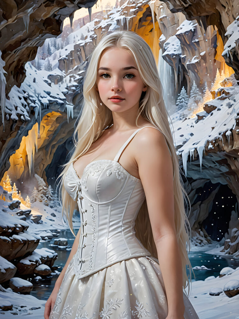 a breathtakingly beautiful ((( portrait))), capturing a youthful, busty teen girl with striking (((straight white long hair))), and a dazzling white corset, framed against a backdrop of a grand, (((snowy magical cave))), with an ethereal glow