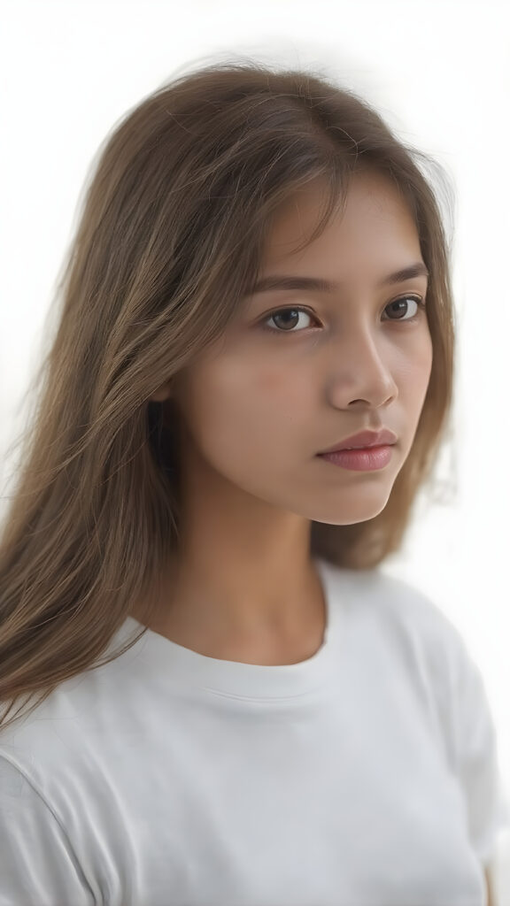 a breathtakingly (((realistic portrait))), capturing the essence of youthful beauty, featuring a (((Burmese teen girl))) who exudes (((serene elegance))), with long, flowing (((straight hazelnut hair))), and a (((flawlessly detailed angelic face))), where her (((soft, realistic hazelnut eyes)) ) gaze sadly towards the viewer from a (side perspective). She is clad in a (super short, sharply tailored (((white T-shirt))), cut from thin silk), with flawless anatomical proportions that draw the eye, against a (subtle, uncluttered backdrop of white). The overall atmosphere evokes a (cinematic sophistication) that exudes timeless appeal