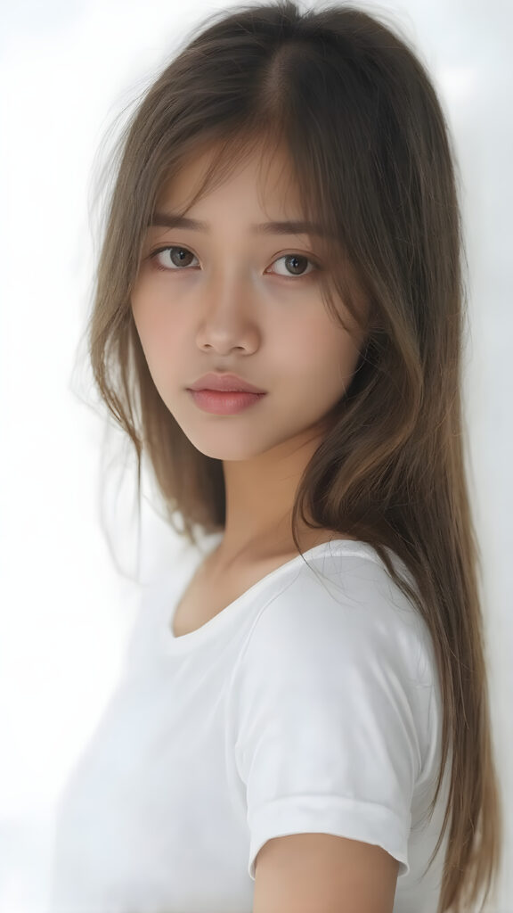 a breathtakingly (((realistic portrait))), capturing the essence of youthful beauty, featuring a (((Burmese teen girl))) who exudes (((serene elegance))), with long, flowing (((straight hazelnut hair))), and a (((flawlessly detailed angelic face))), where her (((soft, realistic hazelnut eyes)) ) gaze sadly towards the viewer from a (side perspective). She is clad in a (super short, sharply tailored (((white T-shirt))), cut from thin silk), with flawless anatomical proportions that draw the eye, against a (subtle, uncluttered backdrop of white). The overall atmosphere evokes a (cinematic sophistication) that exudes timeless appeal