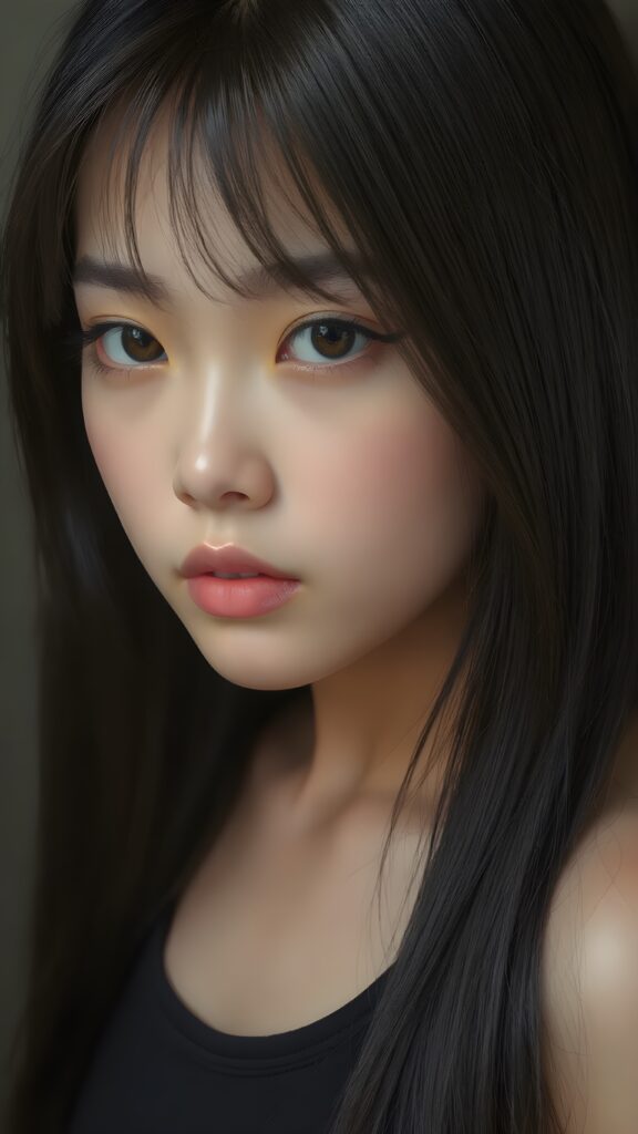 a breathtakingly realistic and detailed portrayal of a cute (((Vietnamese teenage girl))), flawlessly smooth skin, with intricate details and exquisite features, her (((long silky smooth straight black soft hair, her hair reaches down to her waist))) is luxuriously detailed, reflecting soft dimmed light, around her (round face and kissable lips) with its (perfectly rounded contours) and (detailed, amber eyes), she wears a (super short tight crop tank top) that showcases her (flawlessly proportioned upper body), (natural backdrop) ((side view))