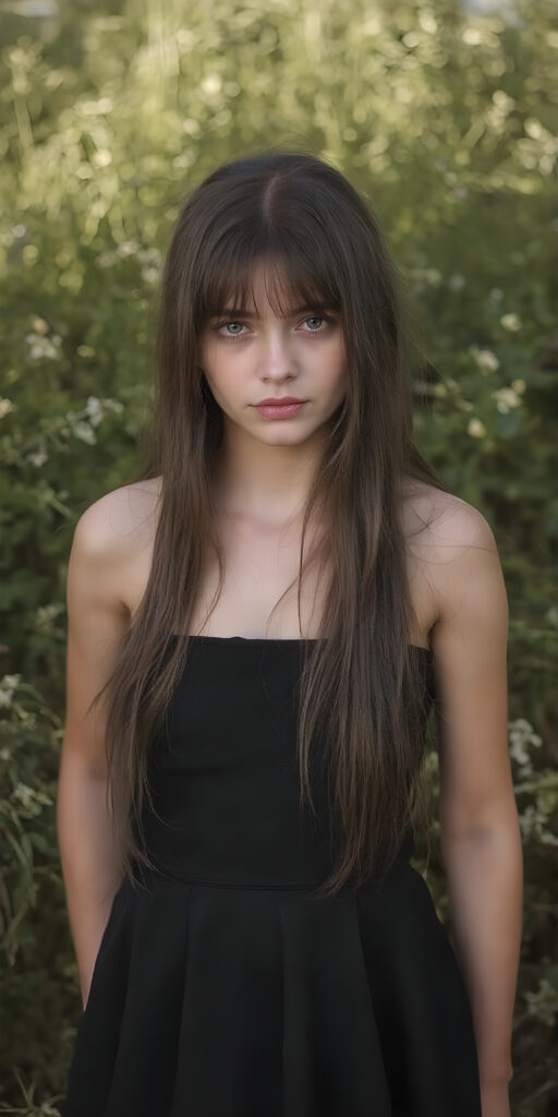 a breathtakingly beautiful, showcasing a young gothic girl, she is short, dark dressed, long straight hair, the girl exudes an air of playful imagination and creativity, perfectly capturing the essence of a dreamlike beauty, ((full body view)) all against a sunny green backdrop in nature