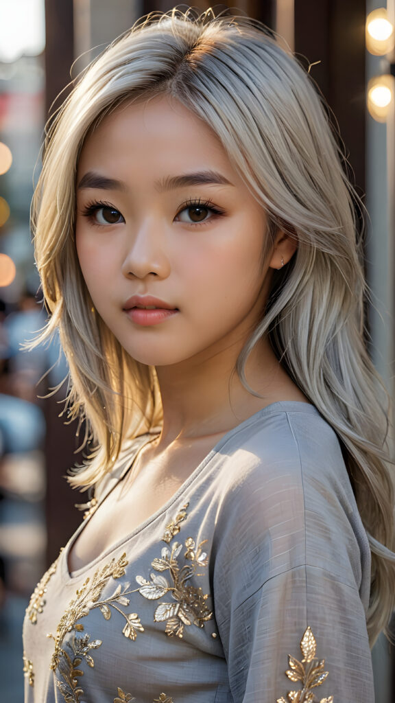 a breathtakingly realistic portrayal of a (((Asian teenage girl))) with intricate details and exquisite features. Her (((straight platinum hair))) is luxuriously detailed, reflecting soft, (golden light) around her (13-year-old face) with its (perfectly rounded contours) and (detailed, brown eyes) that sparkle with warmth. She wears a super short, tight (grey shirt) that showcases her (flawlessly proportioned upper body), capturing the essence of youthful beauty and realism