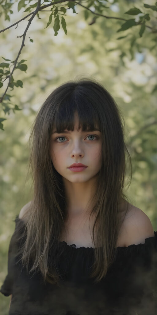 a breathtakingly beautiful, showcasing a young gothic girl, she is short, dark dressed, long straight hair, the girl exudes an air of playful imagination and creativity, perfectly capturing the essence of a dreamlike beauty, all against a sunny green backdrop in nature